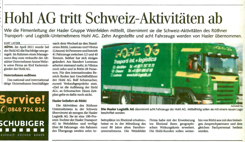 Hohl AG tritt ab - Hasler Logistik AG, Rüthi SG