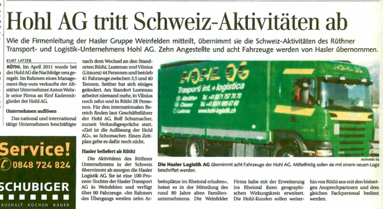 Hohl AG tritt ab - Hasler Logistik AG, Rüthi SG